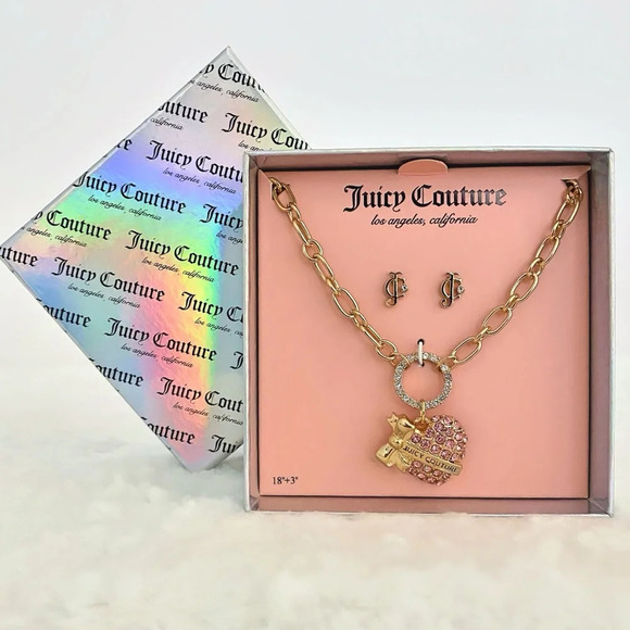 Juicy Couture Gold-Tone Pink Rhinestones Heart Charm Necklace & JC Earrings Set - Picture 3 of 7